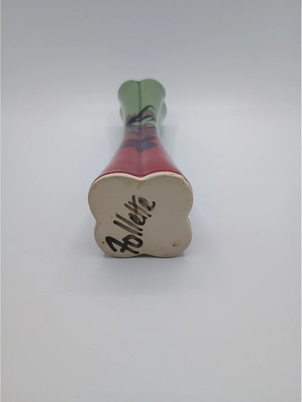 Vintage Ceramic Flower Vase with Green and Red Floral Design signed by Follette